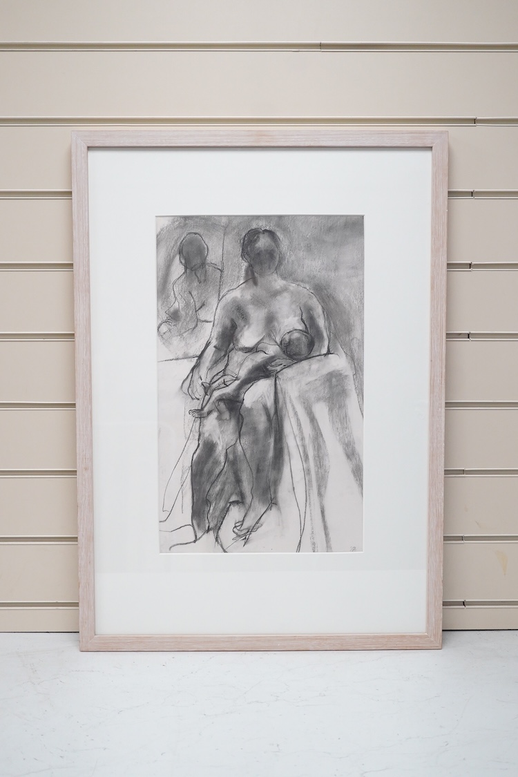 Modern British, Study of a nursing mother and child, indistinctly monogrammed S H lower right?, charcoal, 47 x 28cm